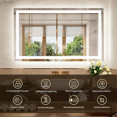 LED дзеркало для ванної кімнати 60x80 см з підсвічуванням, сенсорне, регульоване, 3 кольори світла, антизапар, IP44, вертикальна/горизонтальна установка