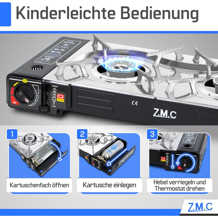Газовий набір для кемпінгу ZMC: 2-горілкова плита, адаптер для LPG, 4 балончики 227г, кейс, 2.5kW, Piezo-запалювання, для відпочинку на природі та вдома
