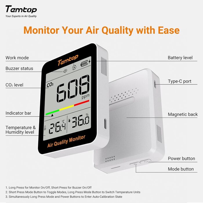 Temtop C1 - CO₂ монітор, термометр та гігрометр: точне вимірювання якості повітря вдома, в офісі, школі