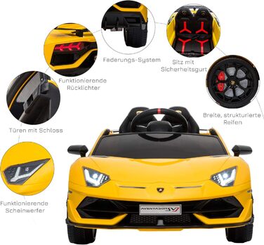 Електромобіль для дітей HOMCOM Lamborghini SVJ, ліцензія, 12V, металевий, жовтий, з дистанційним керуванням, музика, USB, для дітей 3-8 років