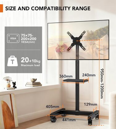 Підставка для телевізора Hemudu з колесами 23-60 дюймів, VESA 400x400 мм, до 35 кг, регульована висота