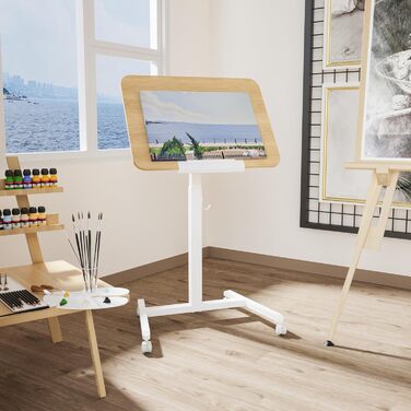 Регульований приставний столик ETHU з роликами, мобільний столик для ноутбука, диванний столик з нахиленою платформою, універсальний столик для дому (світле дерево)