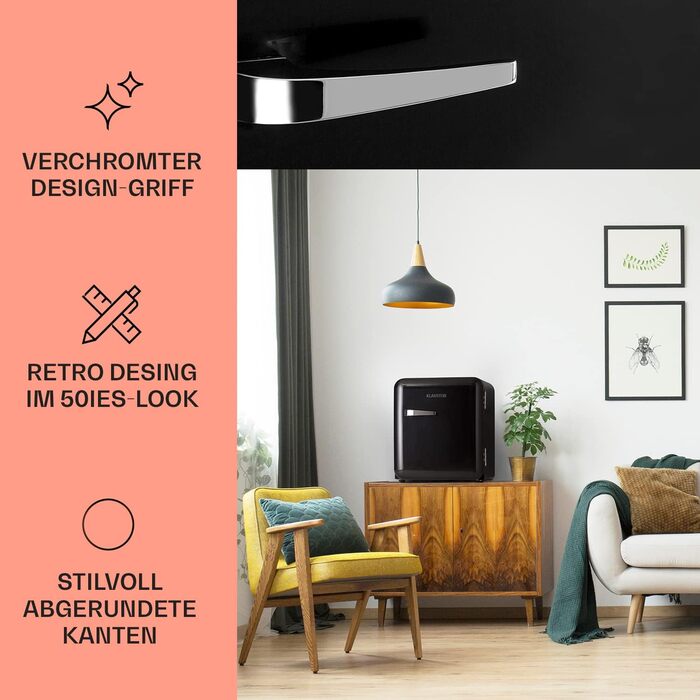 Холодильник Klarstein, міні-холодильник для напоїв, компактний холодильник, тихий, для догляду за шкірою, вінтажний дизайн, для кемпінгу, міні-холодильник для кімнати, 0-10°C, 48 л, енергоклас D, чорний