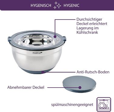 Миска Mastrad з нержавіючої сталі з прозорим кришкою та ручками - 3L, для змішування, випічки, приготування та зберігання продуктів, придатна для миття в посудомийній машині