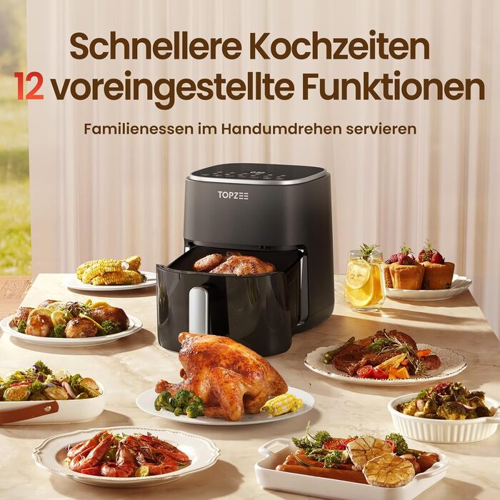 Фритюрниця без олії, 5 л, для 3-5 осіб, ідеальна для любителів м'яса, з регулюванням температури та таймером 24 год, тиха, з антипригарним кошиком та крихкою платформою, зелено-чорна