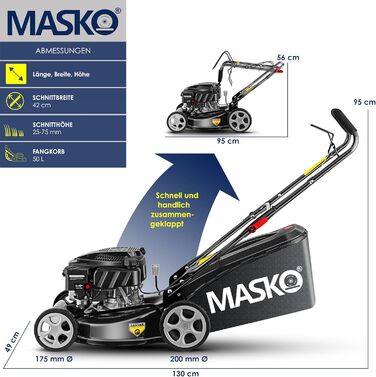 Бензиновий газонокосарка MASKO® 5in1 | Ширина косіння 51 см | 8 положень висоти | 4-тактний OHV двигун 6.0 PS | Об'єм кошика 65 л | В комплекті набір для мульчування та бічний викид (ширина 42 см, чорний/сірий)