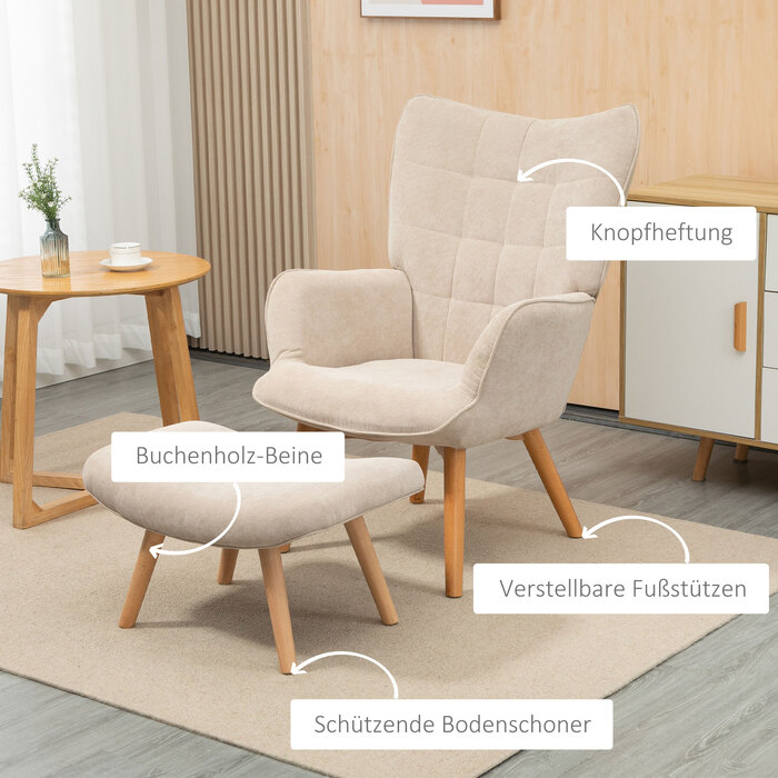 Крісло HOMCOM Wingback з табуретом Крісло з м'якою реклайнером Вельвет Look Крісло для відпочинку Крісло Крісло з дерев'яними ніжками Телевізор Крісло бежеве для вітальні
