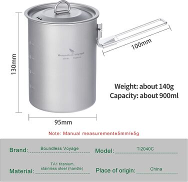 Титанковий казанок iBasingo 900мл з кришкою - казанок для кемпінгу, приготування їжі на відкритому повітрі, подорожей та пікніків