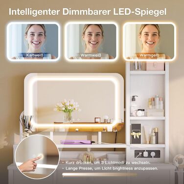 Трюмо ODK з регульованим LED-дзеркалом, туалетний столик з 4 висувними ящиками, USB-порт, білий колір, 100×40×140 см