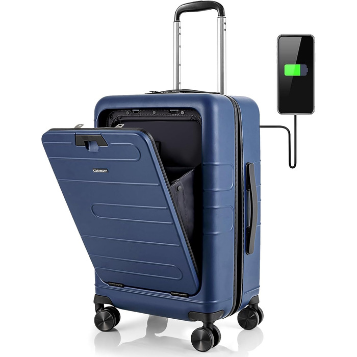 Ручна поклажа COSTWAY 20 з відкидною стільницею, дорожня валіза 38 л з передньою кишенею, відділення для ноутбука, USB-порт і обертові колеса, жорсткий чохол для ПК із замком TSA для ділових поїздок (синій)