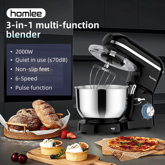 Універсальна кухонна машина 2000W 3-в-1 з м'ясорубкою, соковитискачем та мікшером, 6 швидкостей, 5.5л чаша з нержавіючої сталі, чорний колір