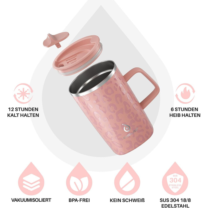 Кавова чашка Ideus® 470 мл з подвійними стінками, з нержавіючої сталі, з нековзним ручками та кришкою-ковпачком (Червоно-зебра, Рожева Леопард)