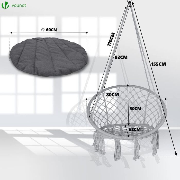 Підвісне крісло-гойдалка VOUNOT з полицею для книг та подушкою, для дому та саду, діаметр сидіння 80 см, X-Large (Сірий)