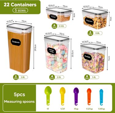 Набір контейнерів для зберігання продуктів 22 шт. з кришкою, BPA-Free, для крупи, макаронів, кави (2,8 L/2 L/1,4 L/0,8 L/0,52 L)