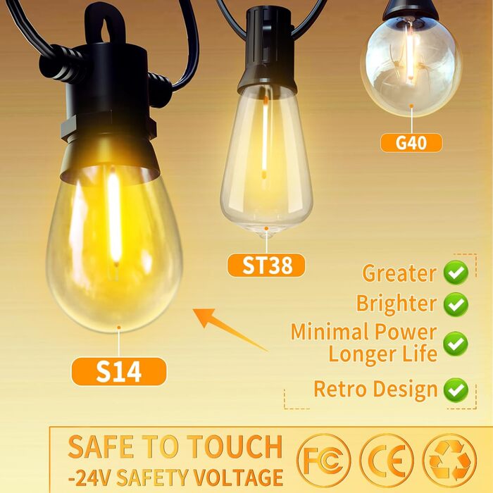 LED гірлянда для зовнішнього використання 30м з пультом, S14, 100FT, IP65, 30+2 лампочки, тепле світло 2700K, для саду, тераси, балкону, двору