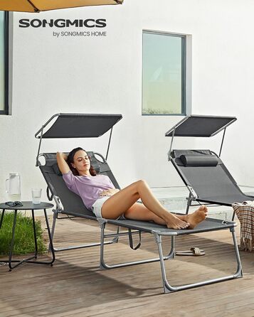Лежак для відпочинку SONGMICS - великий, складаний, з сонцезахисною козирком та регульованою спинкою, 200 x 71 x 38 см, вантажопідйомність 150 кг, для саду, басейну, тераси, темно-сірий
