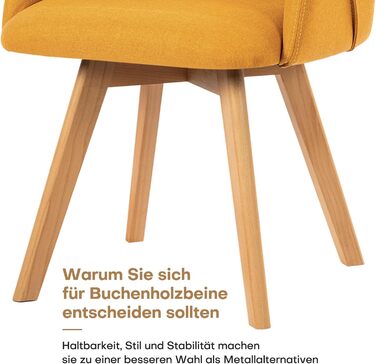 Обідальні стільці Bekrvio (2 шт) з обертанням та підлокітниками – 360° для їдальні, стільці до обіднього столу, обертаються, з м'яким сидінням, з дерев'яними ніжками з масиву бука, жовті, з тканини льон