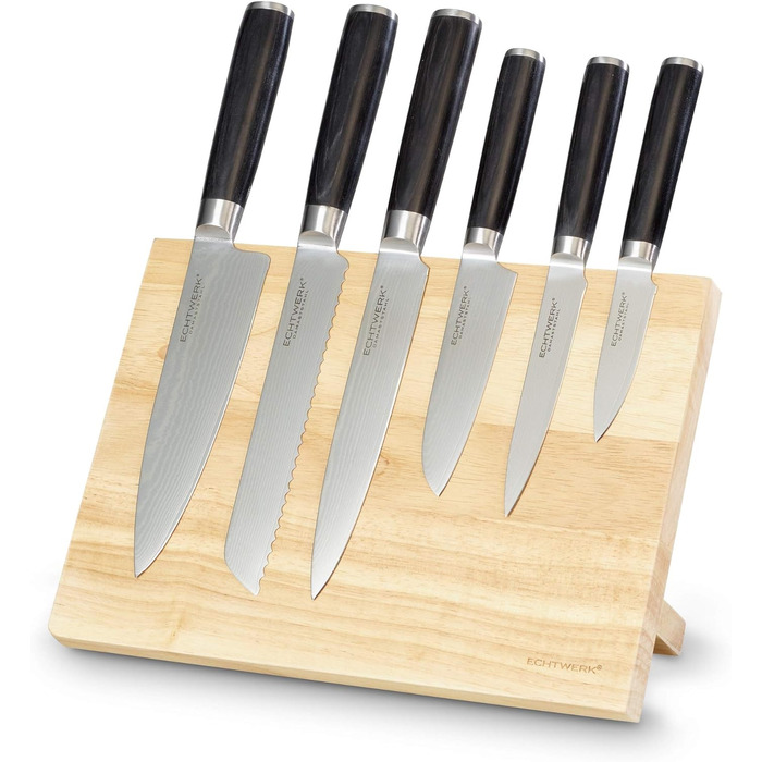 Набір кухонних ножів ECHTWERK Damast 7 предметів: кухонні ножі, ніж для хліба, ніж для філе, сантоку, універсальний ніж, ніж для очищення, ручки з пака-дерева, магнітний дерев'яний підставка