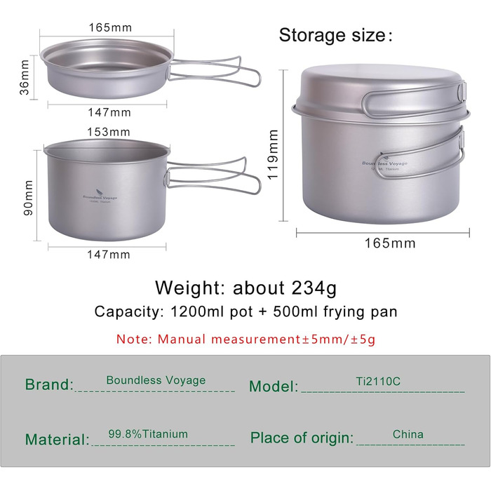 Набір кухонного посуду iBasingo Titan Topf Pfanne Set 1200мл & 500мл: каструля, сковорода, миска для кемпінгу, туризму, приготування їжі на природі. Легкий набір з 2 шт. з розкладним ручками. Ідеально для 1 особи. Ti2110C