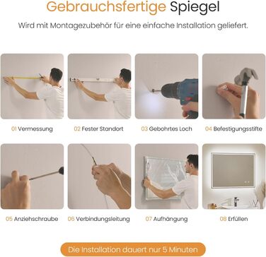 Дзеркало для ванної кімнати EMKE з підсвічуванням 50x60 см, антизапарник, холодний білий, диммер, сенсорне управління, функція пам'яті, автоматичне вимкнення через 3 години, IP44, енергозберігаюче, 60L x 50B см