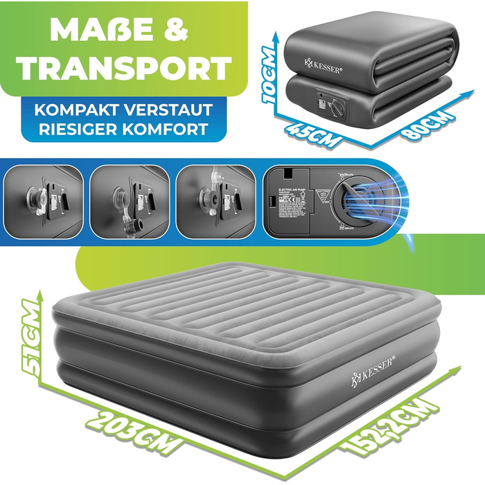 Надувна матрац KESSER® з електричним насосом, 203x152.5x51 см, для дому та кемпінгу, сірий/антрацит