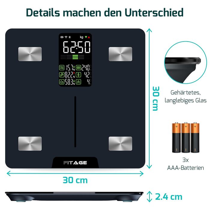 Ваги для ванної кімнати FITAGE цифрові, переможець тесту 2024 року, шкала жиру в організмі, 17 виміряних значень, додаток, до 180 кг, світлодіод