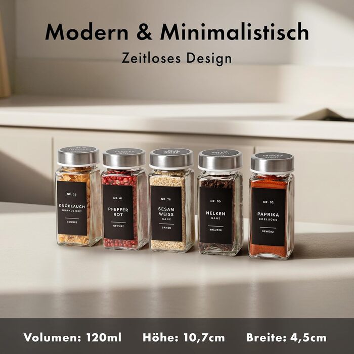 Набір кутових банок для спецій з нержавіючою кришкою (24 x 120 мл) з дозатором та 240 чорними етикетками - високоякісні контейнери для спецій, органайзер для спецій [10,7 см x 4,5 см]