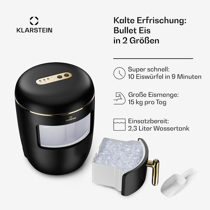 Машина для льоду Klarstein для дому, кемпінгу та ресторану: швидка міні-машина для льоду, професійна, самоочисна, 2.3л контейнер, 15 кг/24 год, чорна