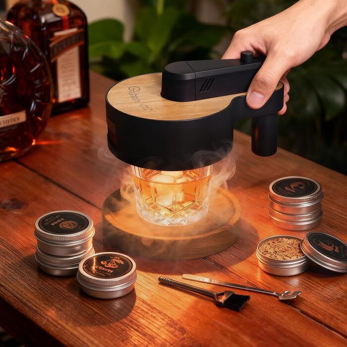 Набір для копчення віскі: 6 видів тирси, 2 склянки, 2 форми для льоду, для коктейлів, подарунок для чоловіків, батька, чоловіка (без бутану), дерев'яний