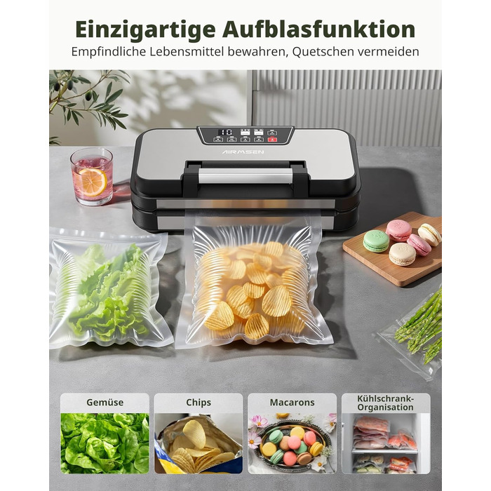 Вакууматор AIRMSEN 95 кПа з функцією підкачки, професійний вакуумулятор для сухих та вологих продуктів, 120 Вт, з відсіком для рулонів, різаком та шлангом, подвійний шва 2x3 мм