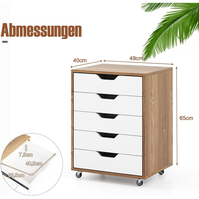 Роликовий контейнер GOPLUS з шухлядами, мобільний офісний шафка, білий/натуральний, 48 x 39,5 x 65,5 см