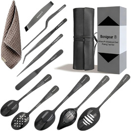 Набір кухонних аксесуарів 11 в 1, професійний, з нержавіючої сталі, чорний | Кухоль, лопатка, ложка, прес-пап'є