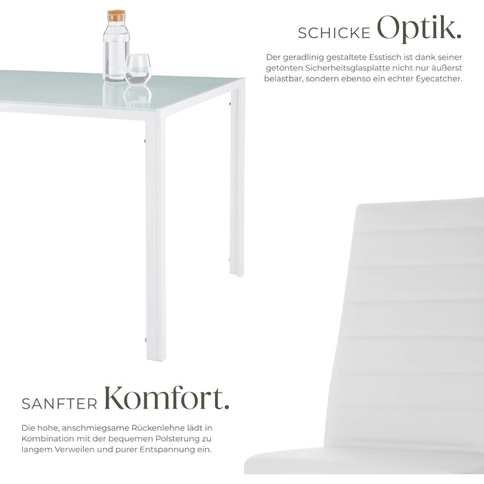 Набір меблів для кухні tectake: стіл та 4 стільці, білий колір, стільниця з безпечного скла, стільці з міцної екошкіри