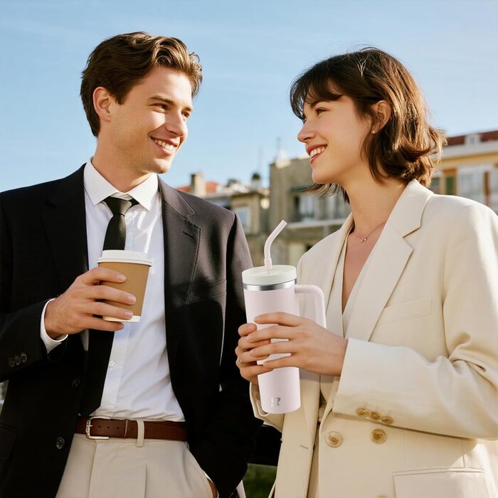 Термокружка-пляшка 1200 мл з трубочкою та антиковзним ручним захопленням, витіканнями запобігає, BPA Free, подвійні стінки, ізоляція для авто, офісу, відпочинку (пастельно-рожевий) біло-рожевий