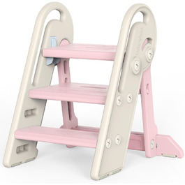 Дитячий підсходильник Onasti Tritthocker, регульована висота, 3 сходинки, з ручками, складний, анти-ковзний, для кухні, ванної кімнати, умивальника та туалету (Сірий) Сіро-білий (Рожевий)