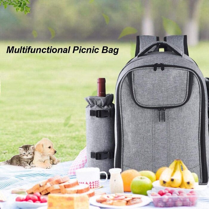Набір для пікніка на 4 особи з ізольованим холодильним відділенням, сірий. Багатофункціональний рюкзак для пікніка, кемпінгу та відпочинку на природі.