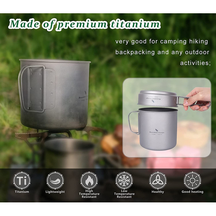 Набір посуду iBasingo Titan Becher Pfannen Set: 1100мл та 300мл для кемпінгу, туризму та пікніків. Легкий та компактний посуд з нержавіючої сталі з ручками-складанням. Набір для однієї людини Ti2053C