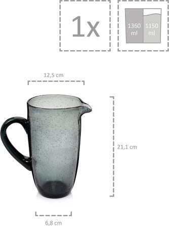 Скляна глечка SÄNGER London 1,15 л сірого кольору з ручкою. Глечка для води, крижаного чаю, 1150 мл, стійка до миття в посудомийній машині.