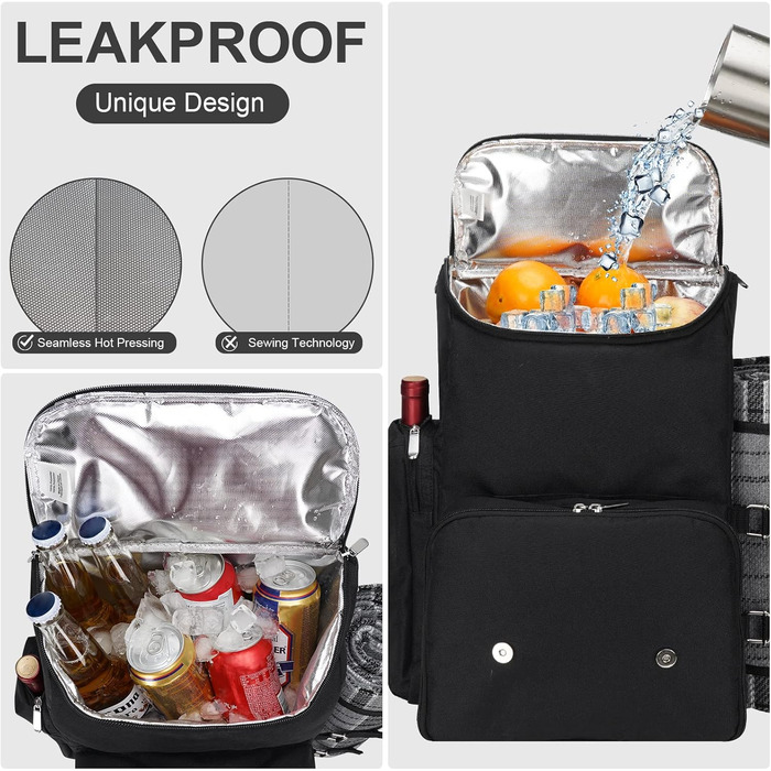 Набір для пікніка на 4 особи з великою ізольованою сумкою-холодильником, набір для пікніка з мішком для вина, водонепроникний плед та набір столових приборів. Ідеально для пляжу, вечірки, подарунок на весілля для пари на 4 особи, чорний