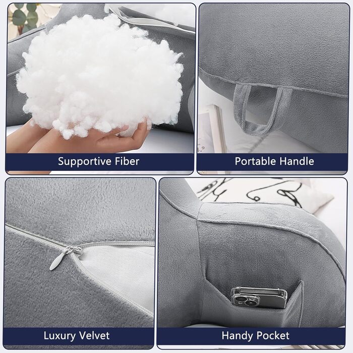 Лежак-крісло для читання, подушка для відпочинку в ліжку для дорослих та дітей, м'яка спинка з підлокітниками, кишенями та ручкою, сірий колір