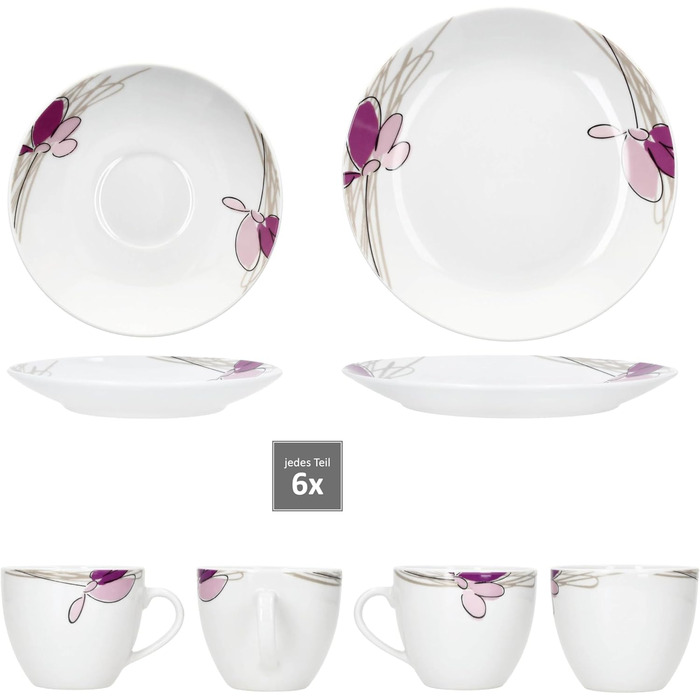 MamboCat Комплект посуду для кави та сніданку на 6 осіб, 18 предметів, біле порцелянове посуд з квітковим декором, 6 чашок 170мл, 6 підстаканників та тарілок