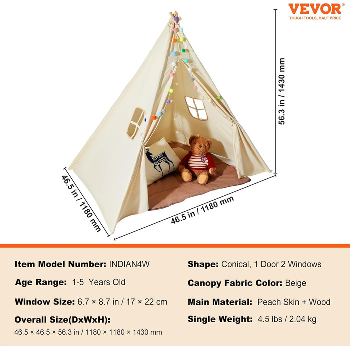 Дитячий намет VEVOR Tipi для дітей 1-5 років, складний намет з килимком та сумкою, з вікнами, для хлопчиків та дівчаток, бежевий (рустикальний)