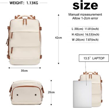 Рюкзак KONO для ручної поклажі 42x30x20, 25L, для ноутбука, Outdoor, для подорожей, спортивний, Weekender, з відділенням для взуття, 42.0 x 30.0 x 20.0 см, Бежевий та Коричневий
