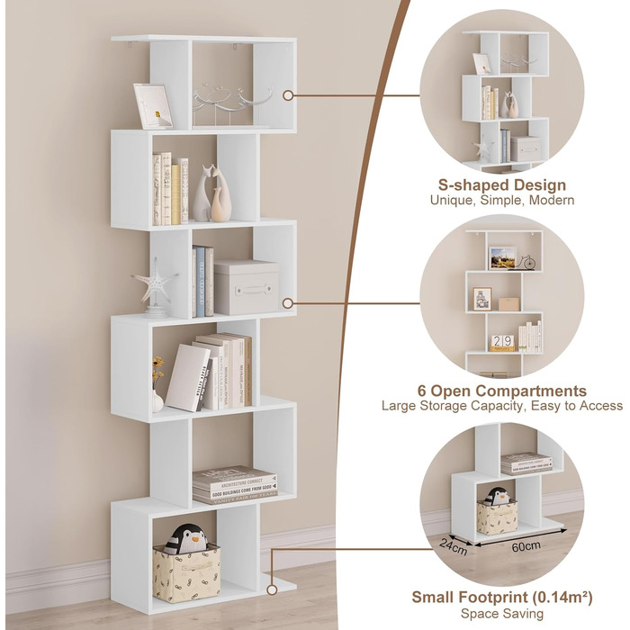 Книжкова шафа WOLTU 6 ярусів, біла, S-подібна, сучасна, 60x189.5x24 см, для вітальні/офісу, SK044ws