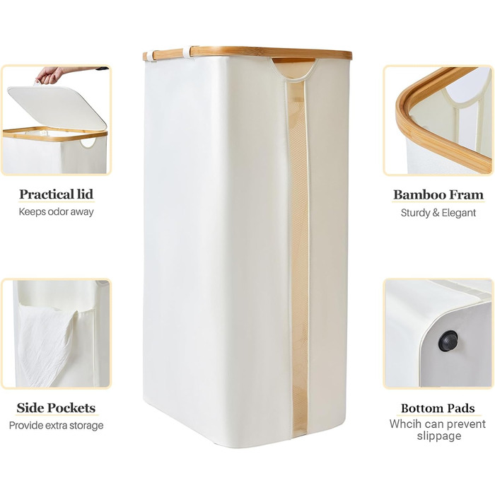 Кошик для білизни з кришкою, 100 л, з прозорим вікном, знімні мішки, для ванної, спальні, дому, іграшок, пральні (бежевий)