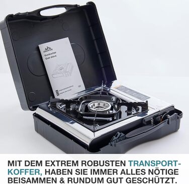 Газовий наметковий пальник TOM Edelstahl MSF-1A з нержавіючої сталі - 2200 Вт, Piezo-запалювання, для газових балонів, з кейсом