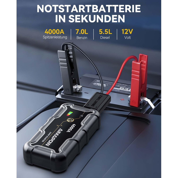 Powerbank Starthilfe AIMAPOW для автомобіля з компресором 160PSI, 27000mAh, 4000A, для бензинових та дизельних двигунів (до 12.0L), LED-ліхтар 600 LUM