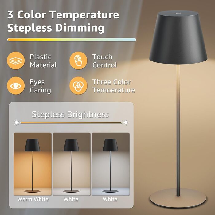 MALUX 2 шт. LED настільна лампа бездротова з сенсором, для дому та вулиці, перезаряджувана, з таймером, 3 режими температури, регулювання яскравості, чорний колір