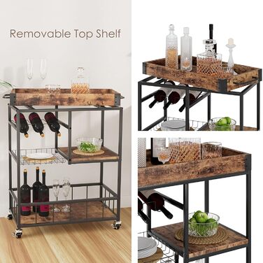 Сервізний візок Huhote з полицею для вина, кухонний візок, барний візок, візок для напоїв, візок на колесах, візок для вина в їдальню, кухню, вітальню, бар, вечірку, коричневий з імітацією дерева, кошик з кованого заліза