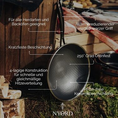 Сковорода NYORD з антипригарним покриттям, стійка до подряпин, з вафельною структурою, придатна для миття в посудомийній машині, гібридна сковорода, керамічне покриття, без PTFE та PFOA, для духовки, для індукційних, газових та керамічних плит, з кришкою 